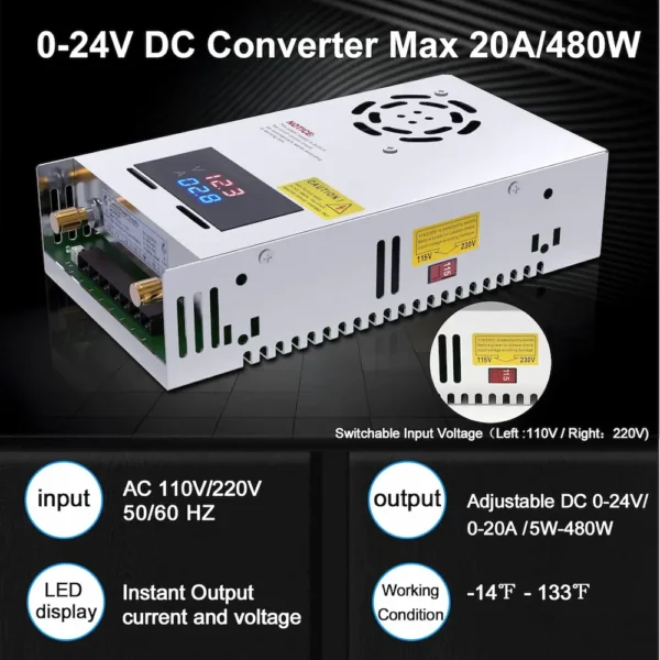 Adjustable Power Supply with LED Display 110V AC to 24V DC Converter, 480W, 20A