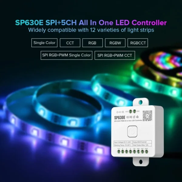 SP630E LED Controller 5CH PWM SPI Pixels LED Light Strip CCT Music BT 5V-24V