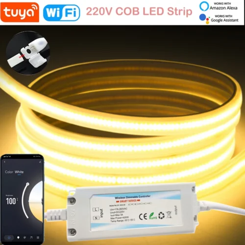 Highlight AC 220V Tuya Wifi COB LED Strip Light Waterproof 288 LED/m CRI 80 Linear Lighting Flexible LED Rome Decor For Alexa