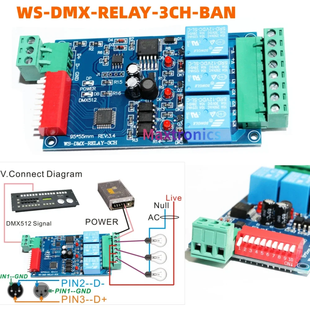 NEW 3CH Relay Controller, DMX 512 Decoder WS-DMX-RELAY-3CH-BAN Relay ...