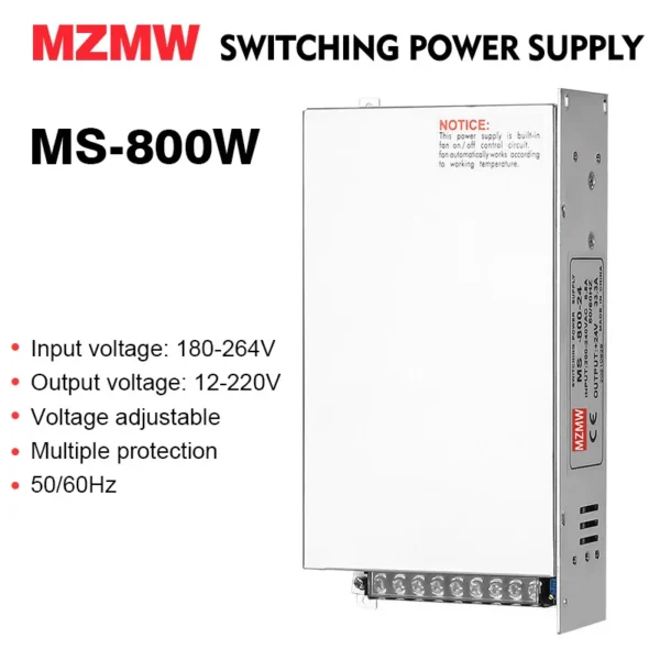 MZMW Switching Power Supply MS-800W 180V-264V AC/DC 12V 15V 24V 36V 48V 60V 72V 80V 110V 150V 220V Voltage Adjustable SMPS.