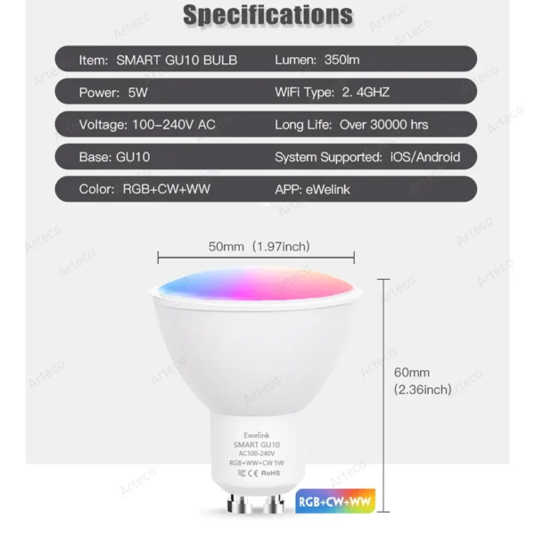 Ewelink GU10 Zigbee LED Bulbs WiFi Smart LED Lamp RGB CW WW Ewelink App Control LED Light Bulb Works With Alexa Google Yandex