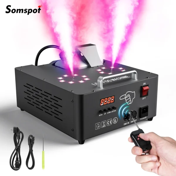 Somspot 2000W LED Smoke Machine Remote Fogger Ejector Double-tube Adjustable Fog Machine DMX512 Colorful Stage Spray Equipment