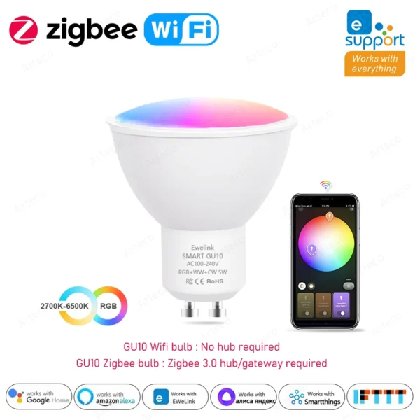 Ewelink GU10 Zigbee LED Bulbs WiFi Smart LED Lamp RGB CW WW Ewelink App Control LED Light Bulb Works With Alexa Google Yandex