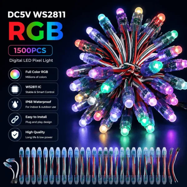 1500pcs WS2811 Full Color Pixel 2811 IC LED Module Light input IP68 DC 5V 12MM waterproof RGB color Digital LED Pixel Light