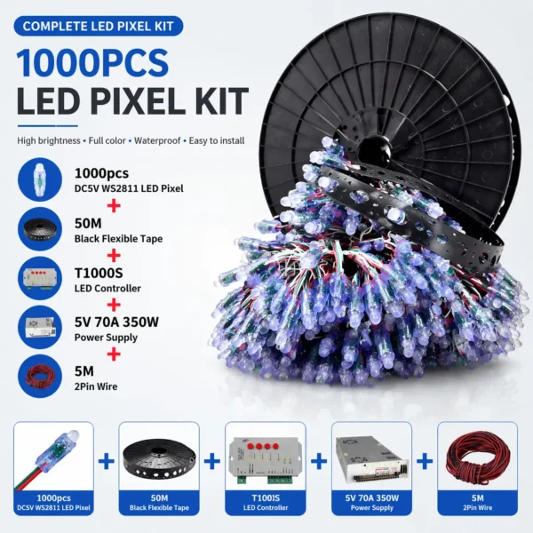 Best 1000pcs WS2811 12mm Full Color LED Module Pixel Light IP68 DC5V Waterproof And 50M Diy Black Band Flexible Tape Or Full Kit