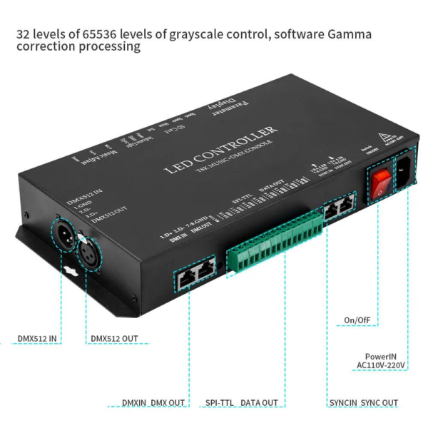 T8K Music & DMX Console Pixels LED Strip Controller 8 Channels Port With Mic in/Aux in Control