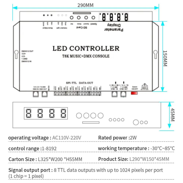 T8K Music & DMX Console Pixels LED Strip Controller 8 Channels Port With Mic in/Aux in Control