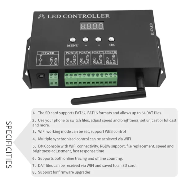 H807SA H807SB Wifi 8/4 Ports DMX/Artnet to SPI LED Pixel Controller With SD Card For WS2811 WS2812 WS2812b WS2815 Led Strip Light