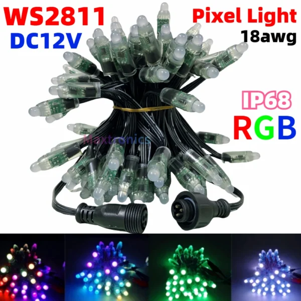 500/1000pc WS2811 Bullet Full Color Led Pixel Modules 18awg Black Wire IP68 12MM DC12V 13.5mm Conneccer for Festival Decor Light