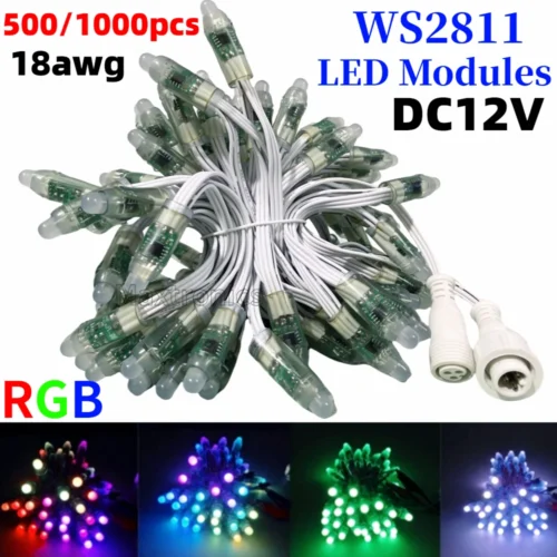 500-1000pcs DC12V 12mm WS2811 LED Module Pixel Light 13.5mm Connector IP68 18AWG White Wire RGB Full-Color Festival Decor Lamps