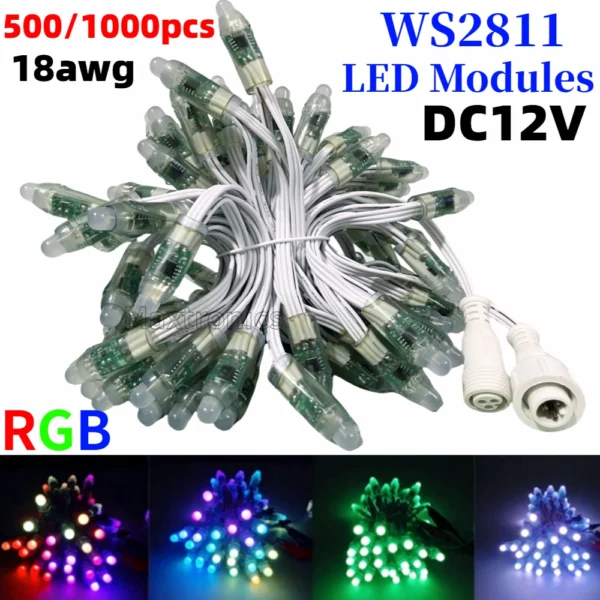 500-1000pcs DC12V 12mm WS2811 LED Module Pixel Light 13.5mm Connector IP68 18AWG White Wire RGB Full-Color Festival Decor Lamps
