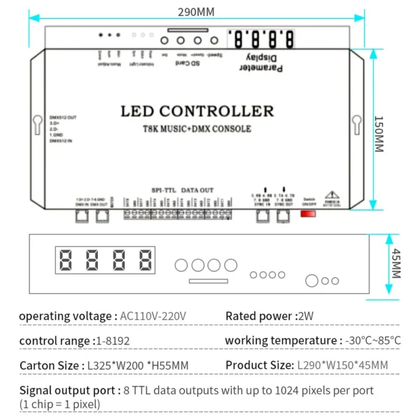 T8K Music DMX Console SPI-TTL Led Strip Light Controller 8 Channels Port With Mic in/Aux in For WS2811 WS2812B WS2813 WS2815