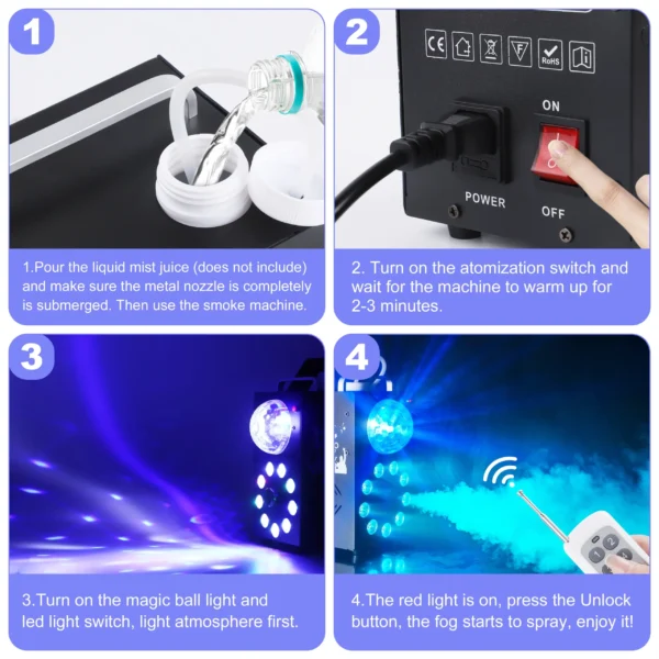 U'King 700W Smoke Machine Wireless Remote Control Effect Fogger 3in1 LED RGB Stage Light Fog Machine DJ Halloween Christmas
