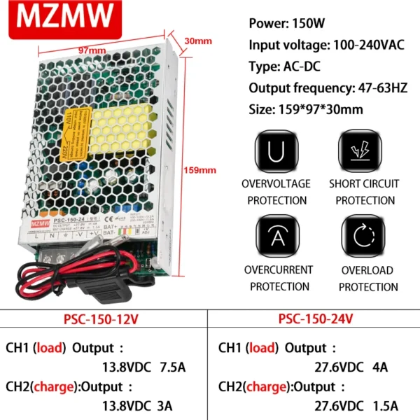 MZMW 150W UPS Charger Switching Power Supply 12V 24V AC DC 13.8V 7.5A 27.6V 4A 110V 220V SMPS Battery charging PSC-150-24 150-12