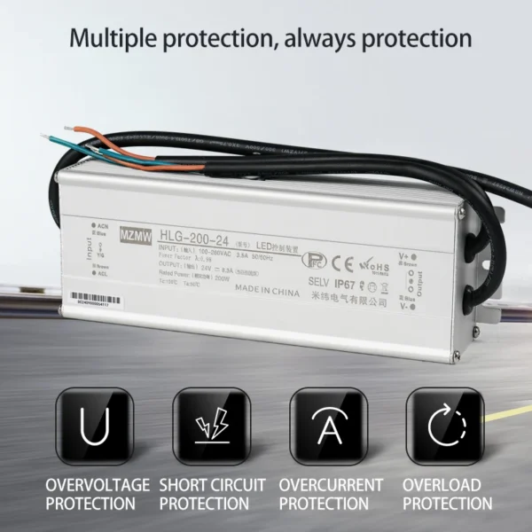 MZMW HLG 120W-600W IP67 Waterproof Industrial Switching Power Supply with PFC 100-260VAC AC-DC 12V 24V 36V 48V Led Driver SMPS