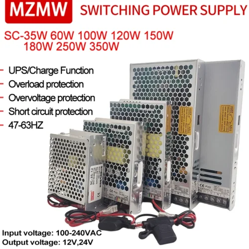 MZMW 35W 60W 100W 120W 150W 180W 250W 350W Battery Charger Switching Power Supply 110/220V AC/DC 12V 24V UPS/Charge Function