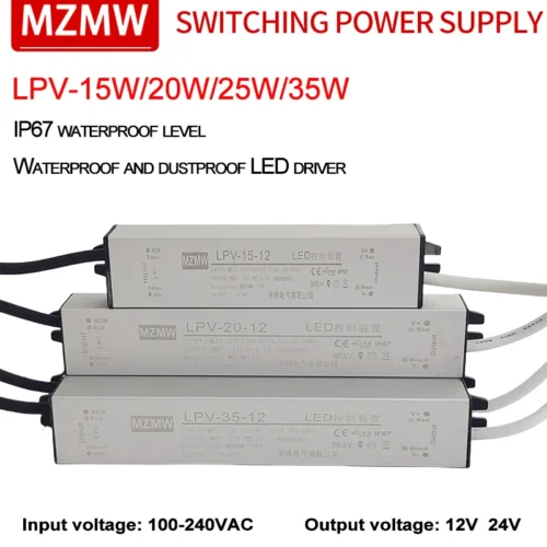 MZMW IP67 Waterproof Switching Power Supply LPV Series 15W 20W 25W 35W 100-240V AC TO DC 12V 24V LED Driver Lighting Transformer