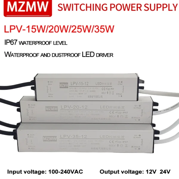MZMW IP67 Waterproof Switching Power Supply LPV Series 15W 20W 25W 35W 100-240V AC TO DC 12V 24V LED Driver Lighting Transformer