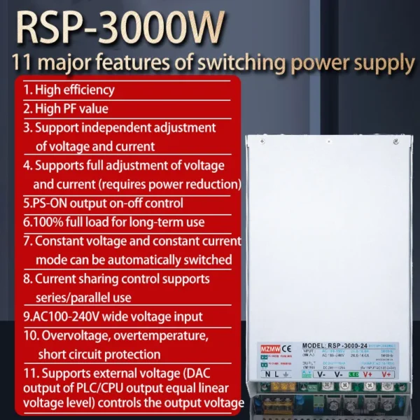 MZMW PFC Switching Power Supply 3000W CC/CV 0-24V 36V 48V 60V 72V 80V 110V 220V 100-240VAC AC TO DC Adjustable Transformer SMPS