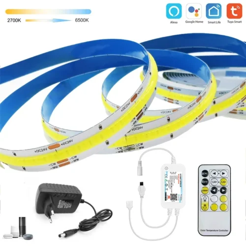 1M-10M Tuya Wifi DC24V FOB CCT LED Strip Warm Cool White Linear Lights COB LED Tape 608LEDs/m RA90 24Key IR Remote Control Decor