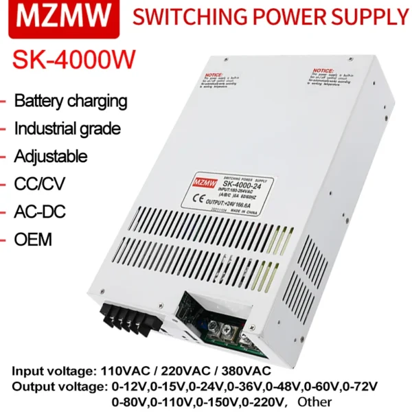 MZMW 4000W Switching Power Supply 220V/380V AC/DC 15V-220V CC/CV Adjustable Industrial Transformer SMPS 48V 80V Battery charging