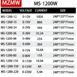 MZMW Switching Power Supply 800W 1000W 1200W 0-12V 15V 24V 36V 48v 60V 72V 80V 110V 150V 220V AC/DC Voltage Adjustable SMPS