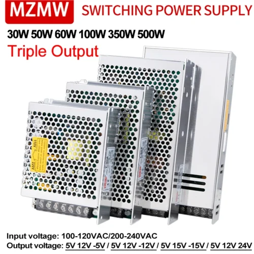 MZMW Triple Output Switching Power Supply 30W 50W 60W 100W 350W 500W AC/DC Converter 5V 15V -15V 12V 24V Driver Transformer SMPS