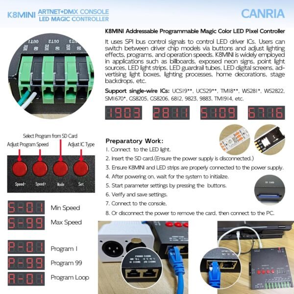 K8MINI ARTNET+DMX Console LED Pixel Controller, for SPI-TTL LED Light