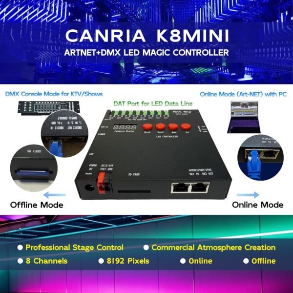 K8MINI ARTNET+DMX Console LED Pixel Controller, for SPI-TTL LED Light