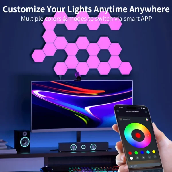 5V Smart RGB Hexagon Wall Light Panels USB Powered – DIY Modular Ambient Lighting, Color Changing with Music Sync & App Control for Bedroom & Game Room