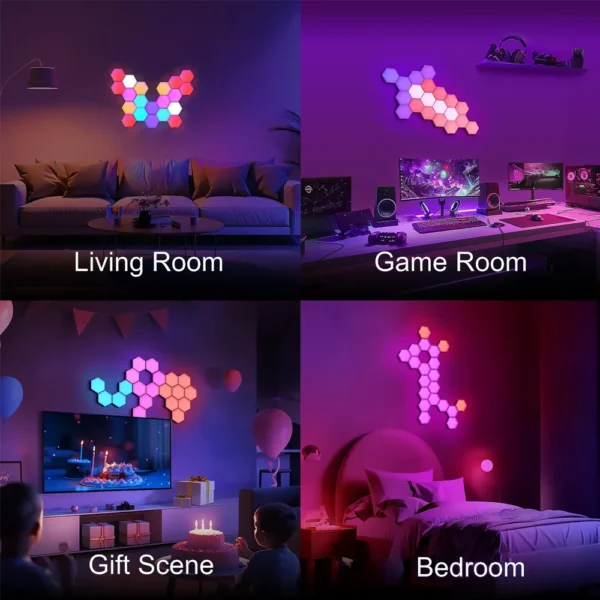 5V Smart RGB Hexagon Wall Light Panels USB Powered – DIY Modular Ambient Lighting, Color Changing with Music Sync & App Control for Bedroom & Game Room