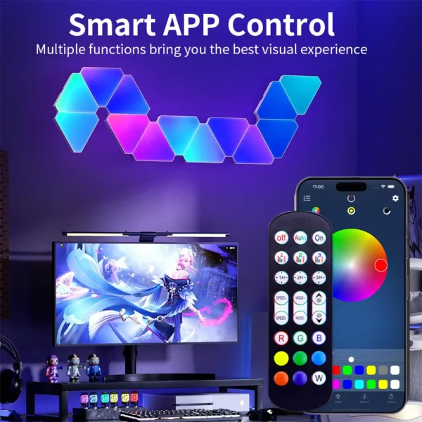 Smart RGB Hexagon LED Wall Panels – Color Changing Ambient Night Light, DIY Modular Design, App & Music Sync for Bedroom and Game Room