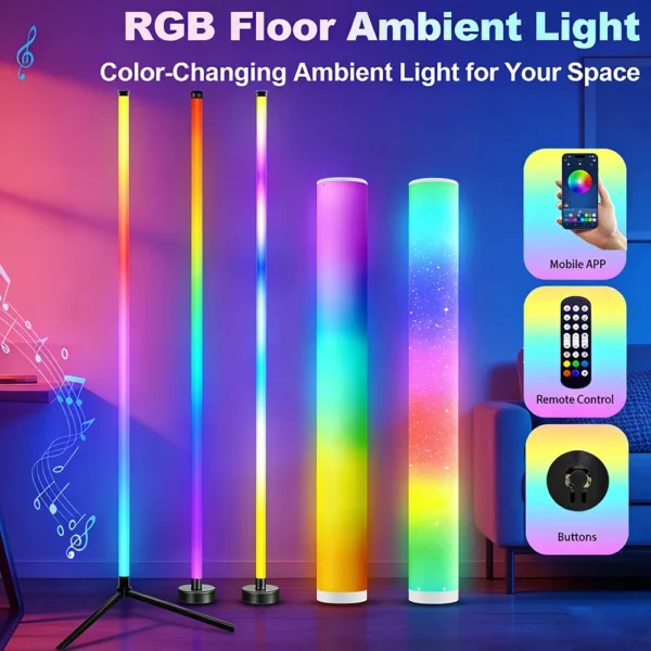 Smart RGB LED Floor Lamp Ambient Light with App & Remote Control – 180°/360° Color Changing, Multi-Shape Modern Lighting for Living Room