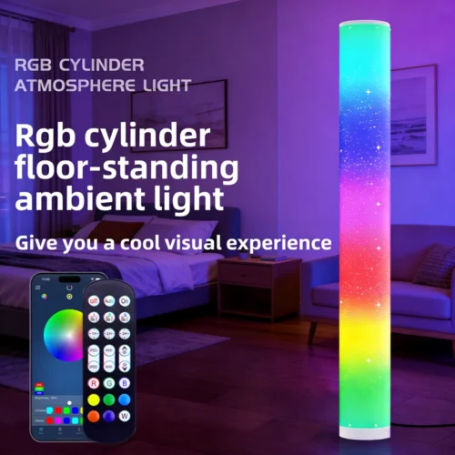 Portable RGB LED Cylindrical Floor Lamp – Music Sync Color Changing Aurora Star Ambient Light for Living Room, Bedroom & E-Sports Setup