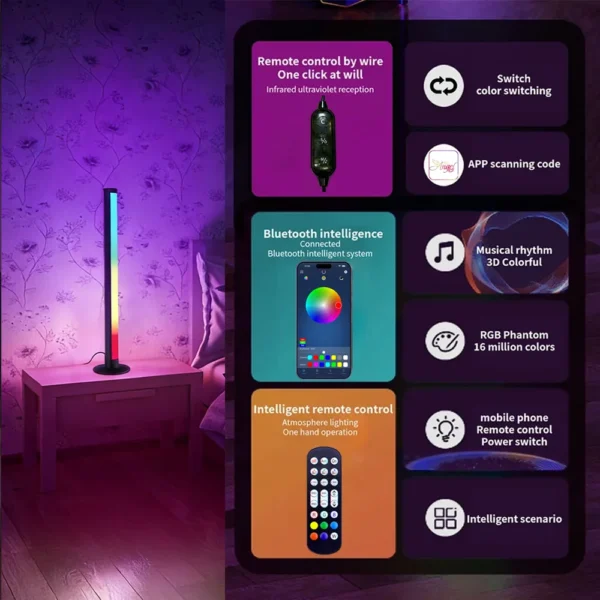 Smart RGB LED Floor Lamp Dual Use – App & Remote Control, Music Rhythm Sync Color Changing Ambient Light for Gaming Setup, Bedroom & Home Decoration