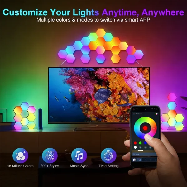 Smart RGB Hexagon LED Wall Panels USB Powered – DIY Modular Ambient Lighting, Color Changing, Dimmable with App & Music Sync for Gaming Room