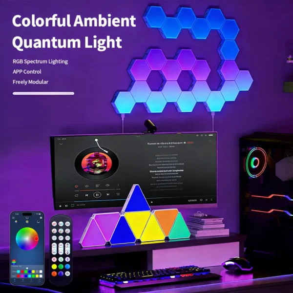 Smart RGB Hexagon LED Wall Panels – Color Changing Ambient Night Light, DIY Modular Design, App & Music Sync for Bedroom and Game Room