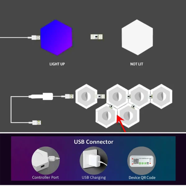 5V Smart RGB Hexagon Wall Light Panels USB Powered – DIY Modular Ambient Lighting, Color Changing with Music Sync & App Control for Bedroom & Game Room