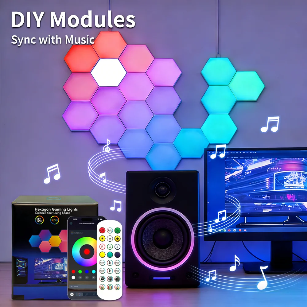 5V Smart RGB Hexagon Wall Light Panels USB Powered – DIY Modular Ambient Lighting, Color Changing with Music Sync & App Control for Bedroom & Game Room