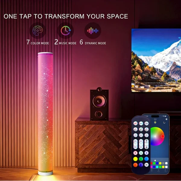 Portable RGB LED Cylindrical Floor Lamp – Music Sync Color Changing Aurora Star Ambient Light for Living Room, Bedroom & E-Sports Setup