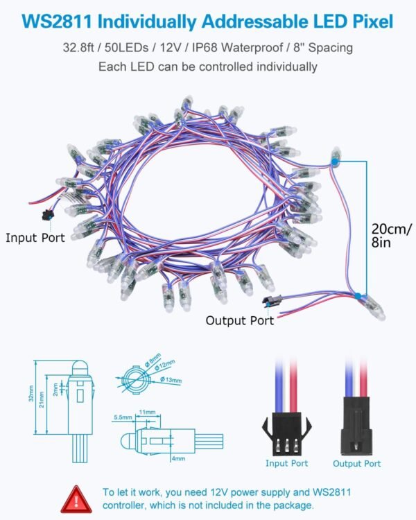 ALITOVE 12V WS2811 RGB LED Pixel String Lights – 50 LEDs, 12mm Waterproof Addressable Bullet Pixels, IP68