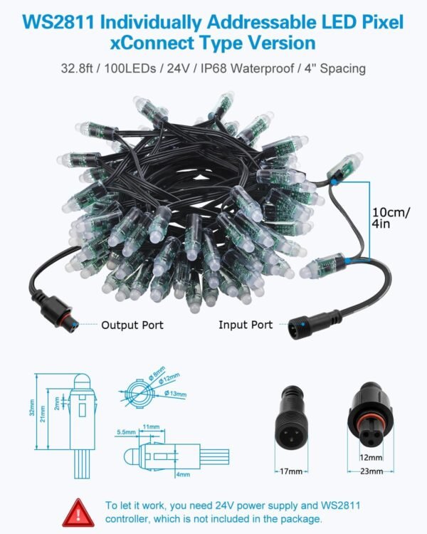 ALITOVE 24V WS2811 RGB LED Pixel String Lights – 100 Pixels, 32.8ft, IP68 Waterproof, 12mm Addressable Bullet LEDs